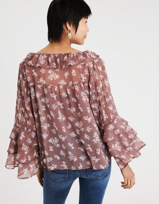Женские топы American Eagle AE PRINTED CHIFFON RUFFLE TOP — фото 2