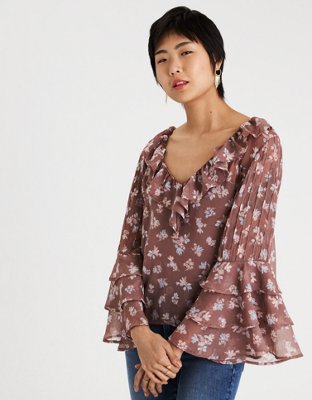 AE PRINTED CHIFFON RUFFLE TOP | American Eagle