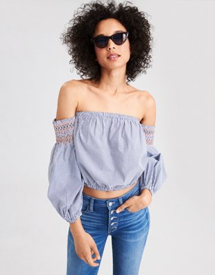 AE Smocked Off-The-Shoulder Crop Top