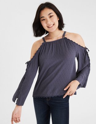 AE Swiss Dot Cold Shoulder Tie Top