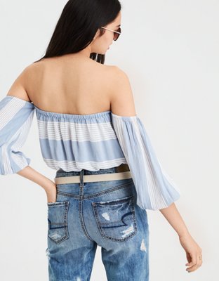 Женские топы American Eagle AE OFF-THE-SHOULDER STRIPED CROP TOP — фото 2