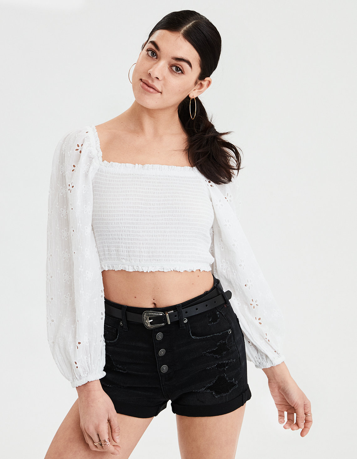 AE Long Sleeve Smocked Crop Blouse, White | American Eagle Outfitters
