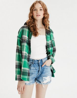 AE Plaid Hooded Button Up Shirt