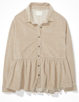 Image of AE Corduroy Button Up Shirt Women's Gray M