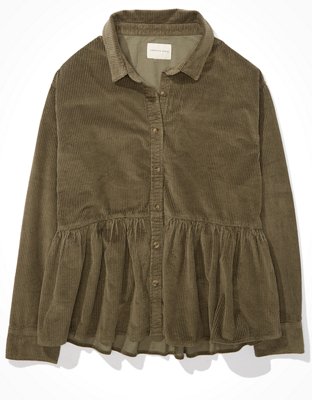 Image of AE Corduroy Button Up Shirt Women's Olive XXS