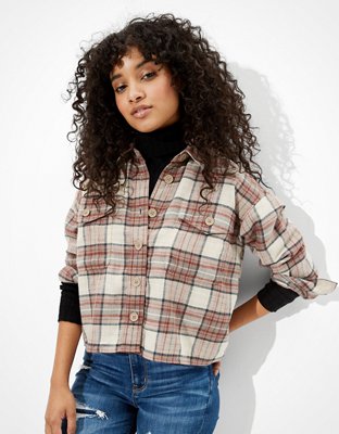 AE Cropped Plaid Flannel Shirt