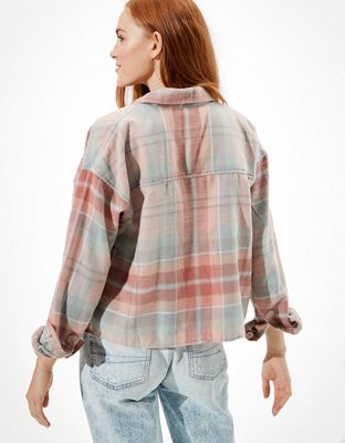 AE Cropped Plaid Flannel Shirt