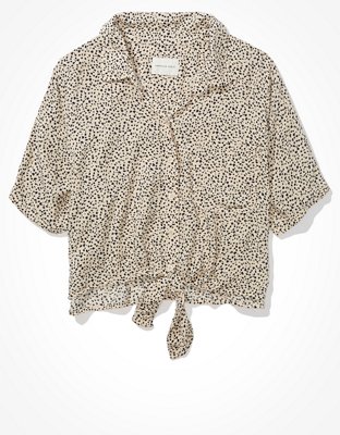 トップス PRINTED AIRY SILK HALF-SLEEVED SHIRT 4 AE Silky Short-Sleeve Button-Up Shirt | American Eagle