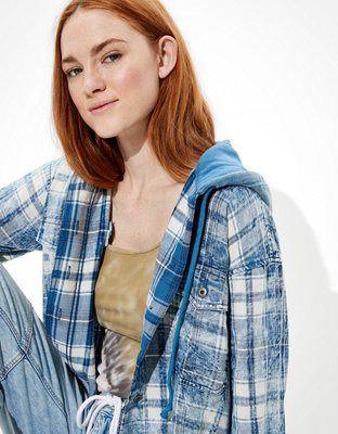 Женские рубашки American Eagle AE Plaid Hooded Button-Up Shirt — фото 4