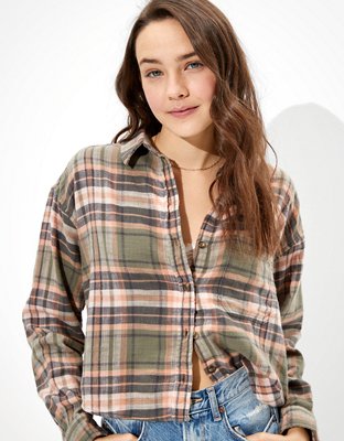 AE Plaid Cropped Button Up Shirt