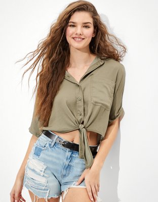 AE Silky Short-Sleeve Button-Up Shirt
