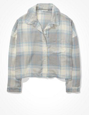 Image of AE Cropped Plaid Flannel Shirt Women's Heather Gray XS