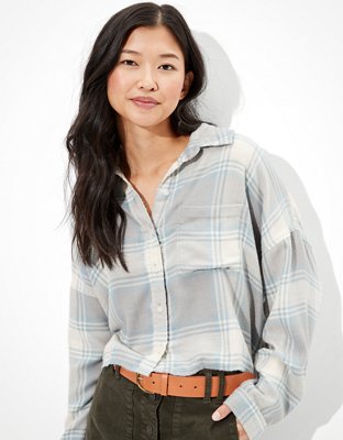 AE Cropped Plaid Flannel Shirt