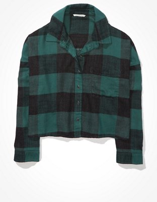 Image of AE Cropped Plaid Flannel Shirt Women's Green XXS