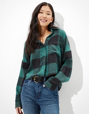 AE Cropped Plaid Flannel Shirt