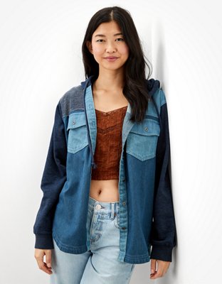 AE Long-Sleeve Patchwork Denim Hoodie Shirt