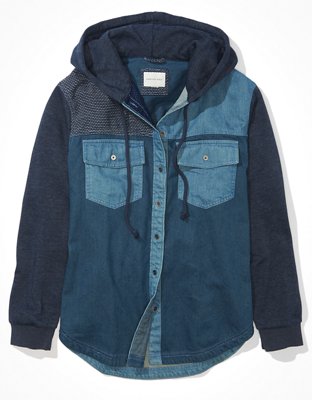 AE Long-Sleeve Patchwork Denim Hoodie Shirt