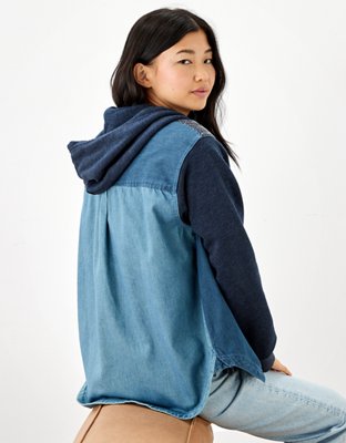 AE Long-Sleeve Patchwork Denim Hoodie Shirt