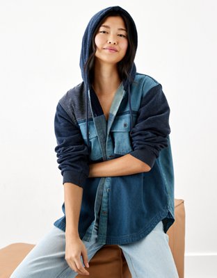 AE Long-Sleeve Patchwork Denim Hoodie Shirt