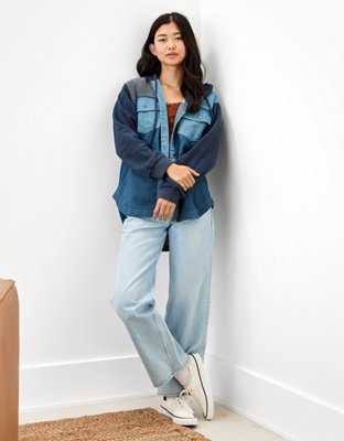 AE Long-Sleeve Patchwork Denim Hoodie Shirt