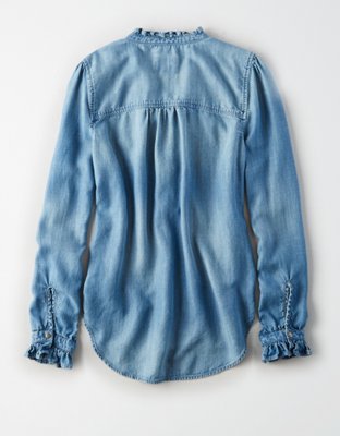 Женские рубашки American Eagle AE Lace-Up Ruffle Collar Denim Shirt — фото 4
