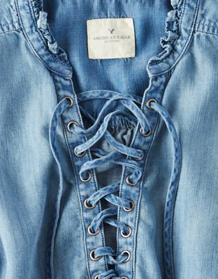 Женские рубашки American Eagle AE Lace-Up Ruffle Collar Denim Shirt — фото 5