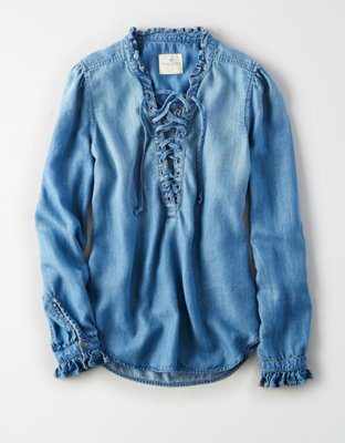 Женские рубашки American Eagle AE Lace-Up Ruffle Collar Denim Shirt — фото 3