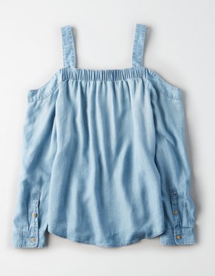 Женские джинсы American Eagle AE Washed Denim Cold Shoulder Tencel Top — фото 4