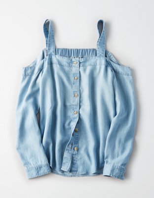 Женские джинсы American Eagle AE Washed Denim Cold Shoulder Tencel Top — фото 3
