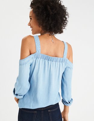 Женские джинсы American Eagle AE Washed Denim Cold Shoulder Tencel Top — фото 2