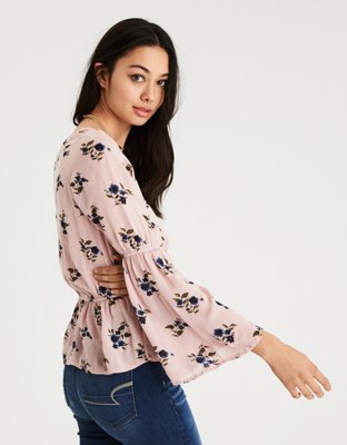 Женские топы American Eagle AE Printed Wrap Front Peplum Surplice Top — фото 2