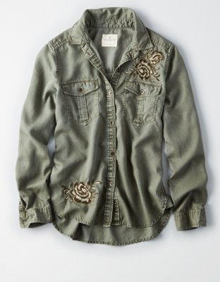 Женские рубашки American Eagle AE Floral Embroidery Military Shine Shirt — фото 3