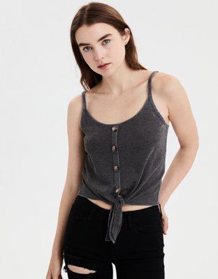 AE Tie Front ButtonDown Tank Top, Gray American Eagle Outfitters