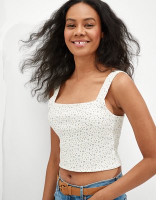 White Crop Tank Top - Floral Print Tank Top - Sweetheart Neckline Croptop