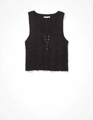 Image of AE Cropped Henley Tank Top Women's Washed Black XS