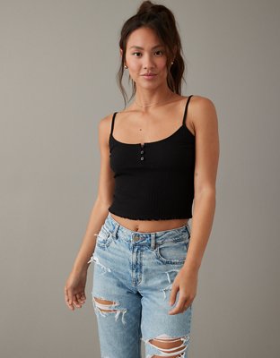 Snap-Button Cropped Henley Cami Top