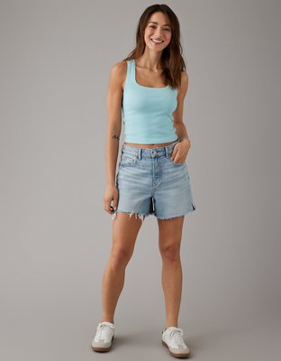 A Square Event Light Blue Ribbed Square Neck Cropped Tank Top