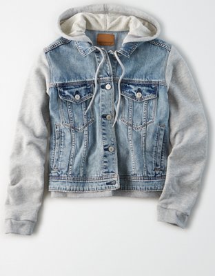 denim jacket with fleece sleeves and hood