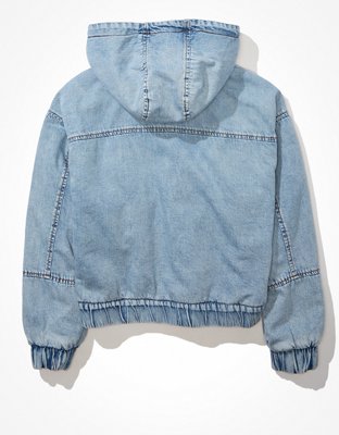 AE Denim Sherpa Lined Hooded Bomber Jacket