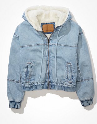 AE Denim Sherpa Lined Hooded Bomber Jacket | American Eagle