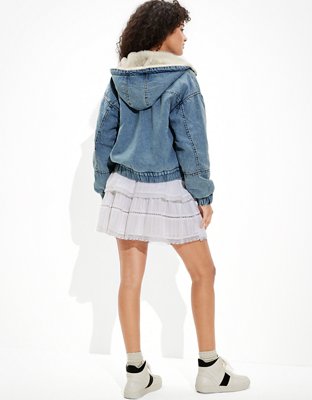 AE Denim Sherpa Lined Hooded Bomber Jacket