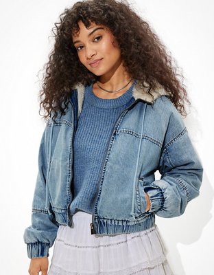 AE Denim Sherpa Lined Hooded Bomber Jacket