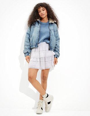 AE Denim Sherpa Lined Hooded Bomber Jacket