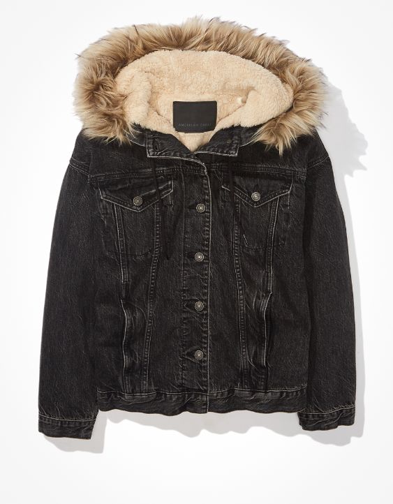 AE Faux-Fur-Trim Hooded Denim Jacket