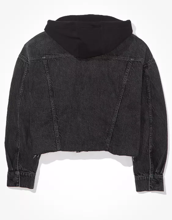 AE Black Hooded Cropped Denim Jacket