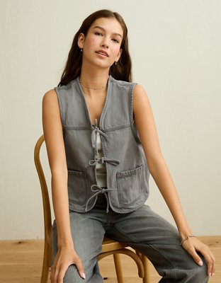 Женский жилет American Eagle AE Tie-Front Denim, цвет: Серый — фото 7