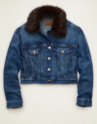 AE Cropped Fur Collar Denim Jacket