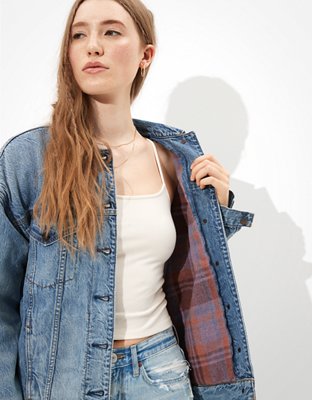 Женские куртки American Eagle AE Oversized Plaid Lined Denim Jacket — фото 6