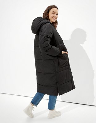 black long puffer jacket with belt