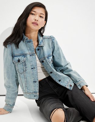 Crop puff shoulder outlet denim jacket